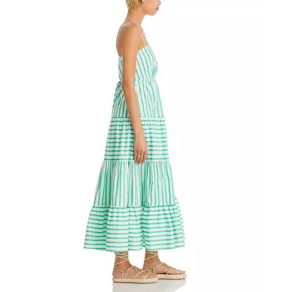 AQUA Cotton Tiered Maxi Dress Medium Green Stripe Square Neck Sleeveless Resort - Picture 3 of 14